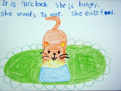 Child's drawing of a cat eating food
