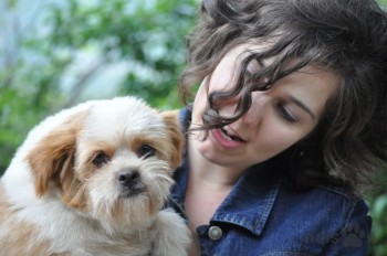 Shelter volunteer holding a Shih-tzu